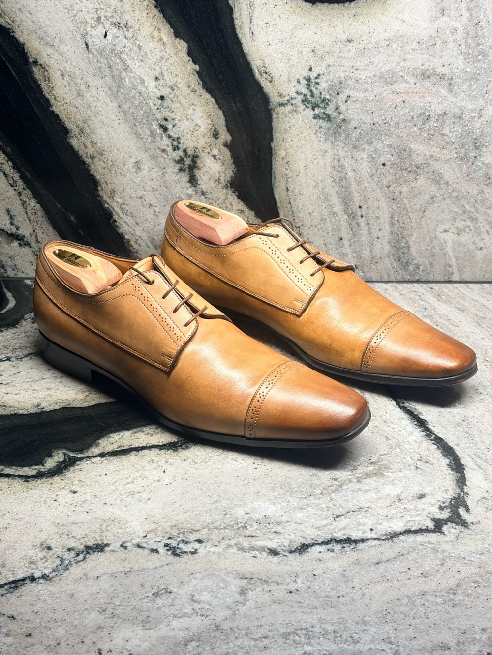 Santoni Men’s UK 10 US 11 Tan Cognac Leather Cap Toe Derby Shoes Italy